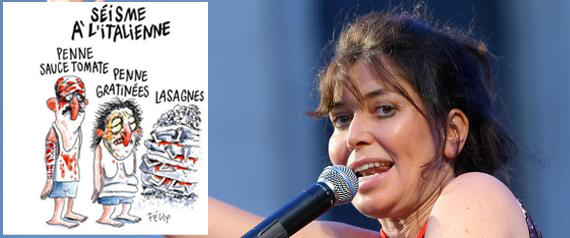 RIFLESSIONI: ''Vignetta Charlie Hebdo su Amatrice. Sabina Guzzanti: "Io non mi unisco alla condanna. Vignetta di Charlie sul terremoto perfetta. Quella su Allah una str....''