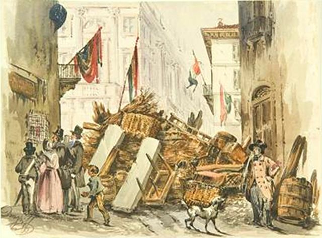Acquerello di Felice Donghi del 1848 mostrante una delle barricate erette a Milano durante le cinque giornate