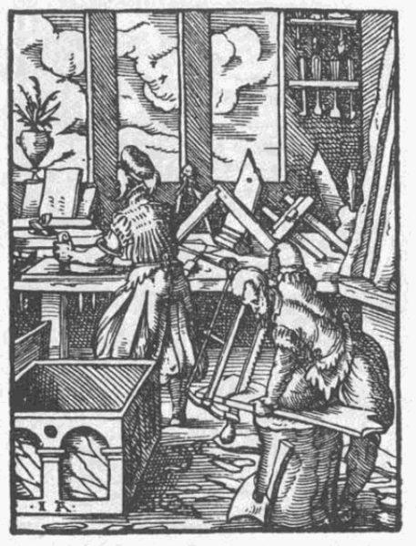 Laboratorio di una falegnameria, incisione del XVI secolo