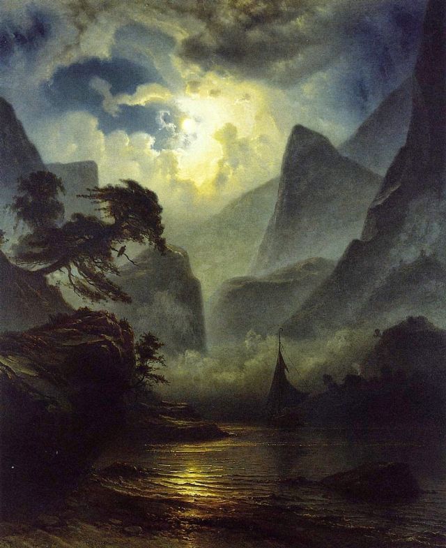 A Norwegian Fjord by Moonlight (1855) – Baade, Knud Andreassen (1808-1879)