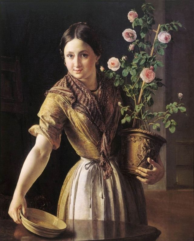 Vasilij Andreevič Tropinin - Una ragazza con un vaso di rose
