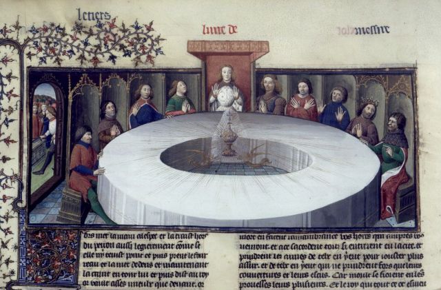 I cavalieri di Re Artù, riuniti alla Tavola Rotonda, hanno una visione del Santo Graal . Da un manoscritto di Lancillotto e il Santo Graal (1406 circa)