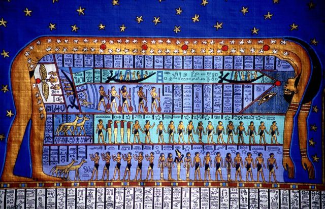 Cosmo Egizio. La dea Nut si china per formare il cielo. Copia di un papiro rinvenuto nel tempio egizio di Dendera