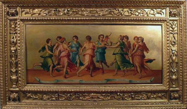 La danza delle muse. Dipinto ad olio su tavola a fondo oro. Misure cm: h. 36 x 80. Scuola fiorentina (Italia) dell'inizio del XIX secolo