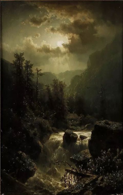 Adolf Chwala (Czech, 1836-1900), "Moonlit night in the Carinthian Alps"